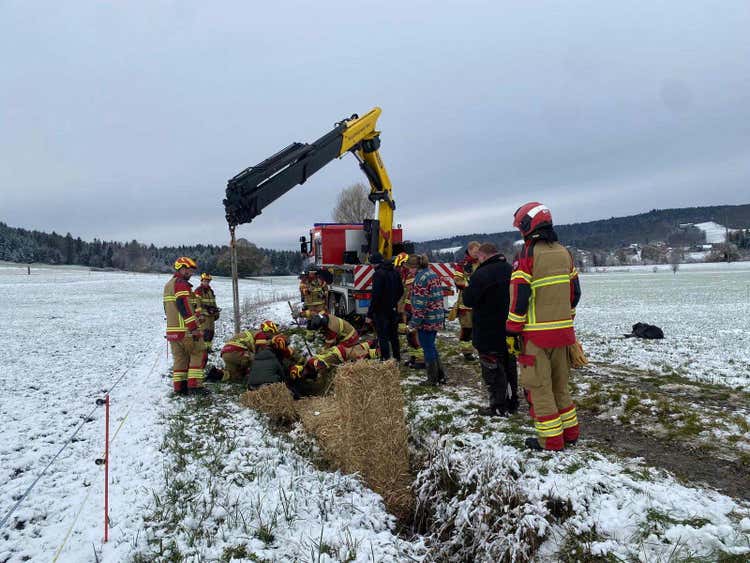 Ein Feuerwehrfahrzeug steht auf einem Feldweg. Auf dem Fahrzeug befindet sich ein Kran. Am Kran ist ein Pferd befestigt, das vom Kran hochgezogen werden soll.