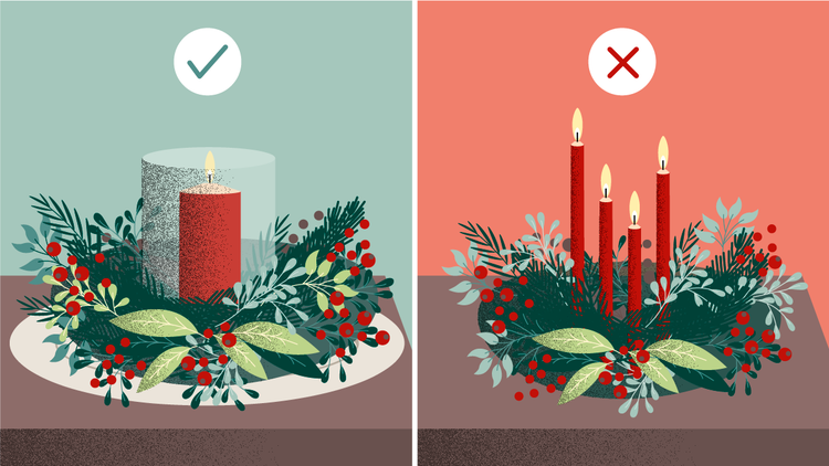 L’illustration montre que les couronnes de l’avent ne doivent pas être placées directement sur la table, mais sur un support ignifuge.